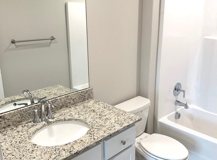 B1 (1-car) Guest Bath with sink, toilet, and shower, granite countertops